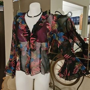 XOXO Black Floral Sheer Button Blouse 3/4 Ruffle Sleeve